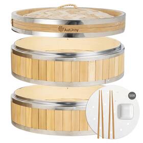 Autjrny Azl-su2-24 9.5-inch Vertical Bamboo Steamer Basket 2-tier With Stainless Steel Rings