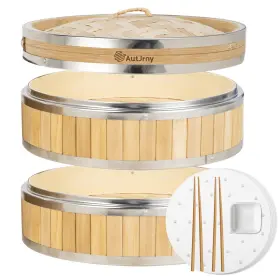 Azl-su2-30 Autjrny 11.8-inch Vertical Bamboo Steamer Basket 2-tier With Stainless Steel Rings