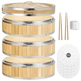 Azl-us3-30 Autjrny 11.8-inch Vertical Bamboo Steamer Basket 3-tier With Stainless Steel Rings