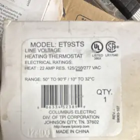 Et9sts Columbus Electric Line Voltage Thermostat 125/250/277v Rotary Knob