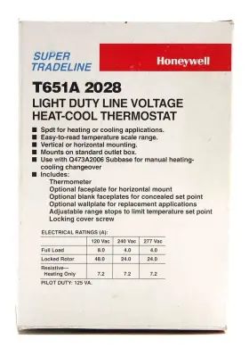 T651a Honeywell 085267000536 2028 Light Duty Line Voltage Heat-cool Thermostat