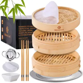 Bs-03 Kitchencrust Bamboo Steamer Basket For Chinese Asian Cuisine - 2 Tier 10-inch St... Fast Ship