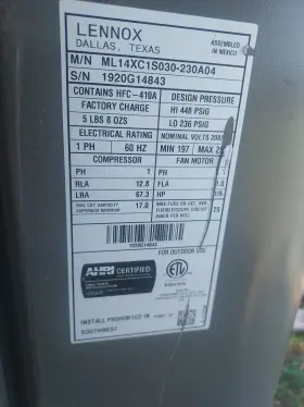 206-410a Lennox 5 Ton Inside And Outside Ac Air Conditioner..never Used. 60 000btu