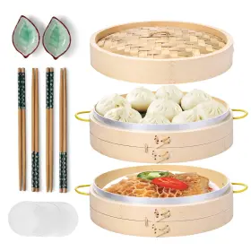 Hkkd3007 Macario Bamboo Steamer Basket Set 10 Inch For Cooking With Side Hand