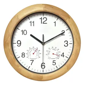 Reynoe 765664427029 Wooden Wall Clock With Temperature And Humidity 12 Inch Brown Large Numbers
