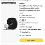 Two Brand New - ECOBEE601 Smart (price For Thermostats). Price: $300.00.